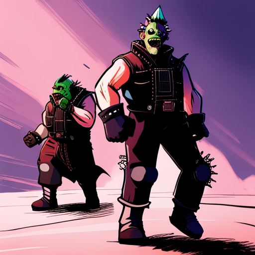 Zeb, with his spikey mohawk and Orc skull helmet, yells to get attention. Shadowy figures approach menacingly as Zeb and Wrewdison run towards the police station.
