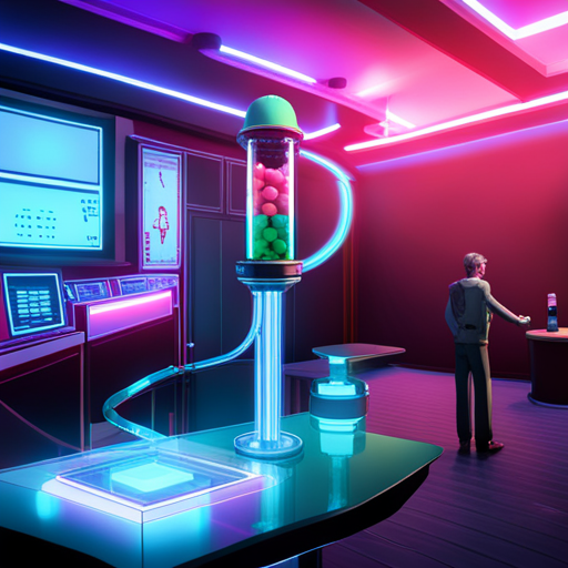 Enron, a seven-foot tall gumball machine, stands at the bar in Cyberdelia, ordering a pan-galactic gargle blaster from the hesitant bartender. Neon lights and smoke fill the cavernous room, while techno music booms and Crash Override plays Wipeout nearby.
