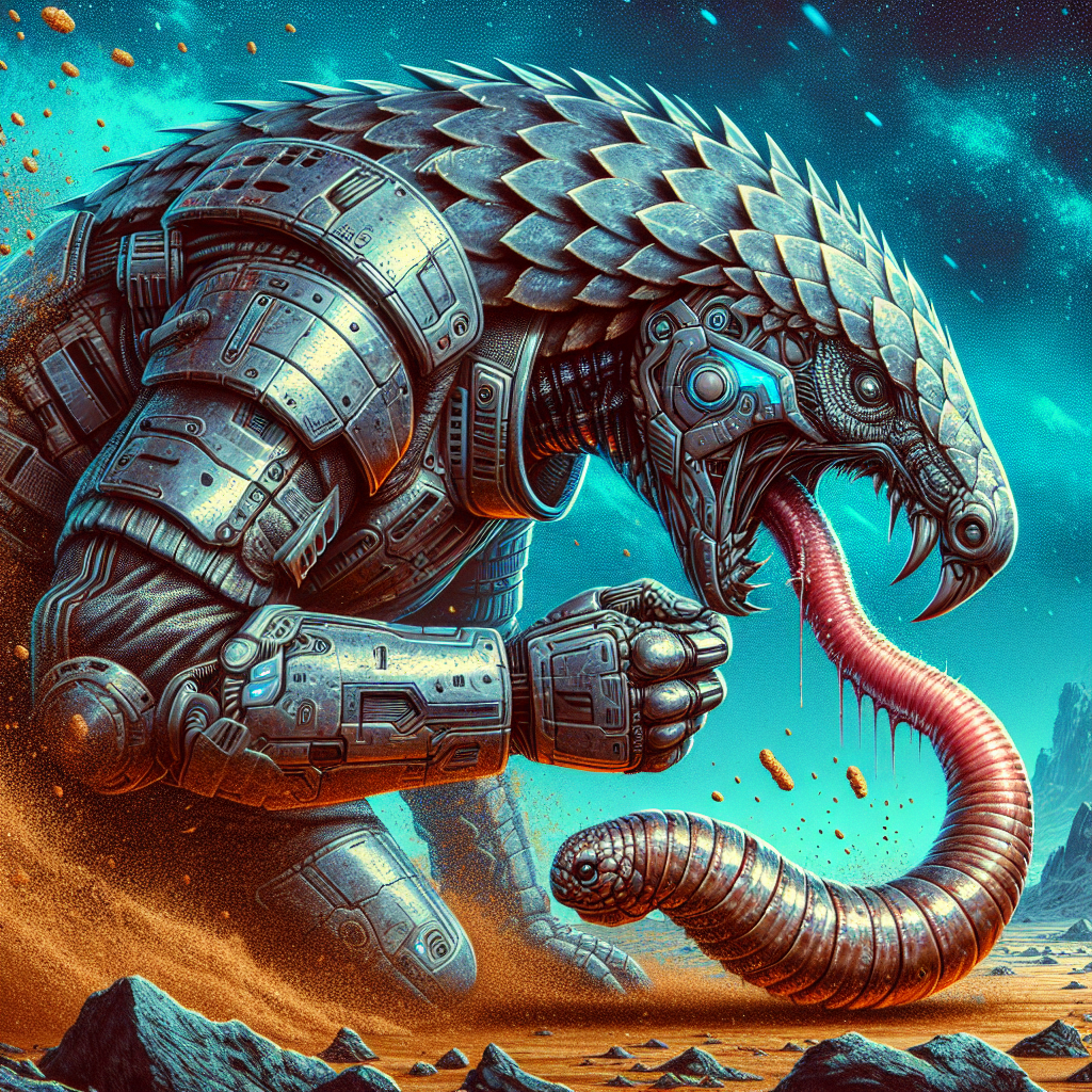 1. A human-sized, scaly Pangolin mutant with a long nose extends its sticky tongue, capturing a shock worm. Armor-like scales glisten as the creature chews, surrounded by whipping sand and a rocky desert backdrop.