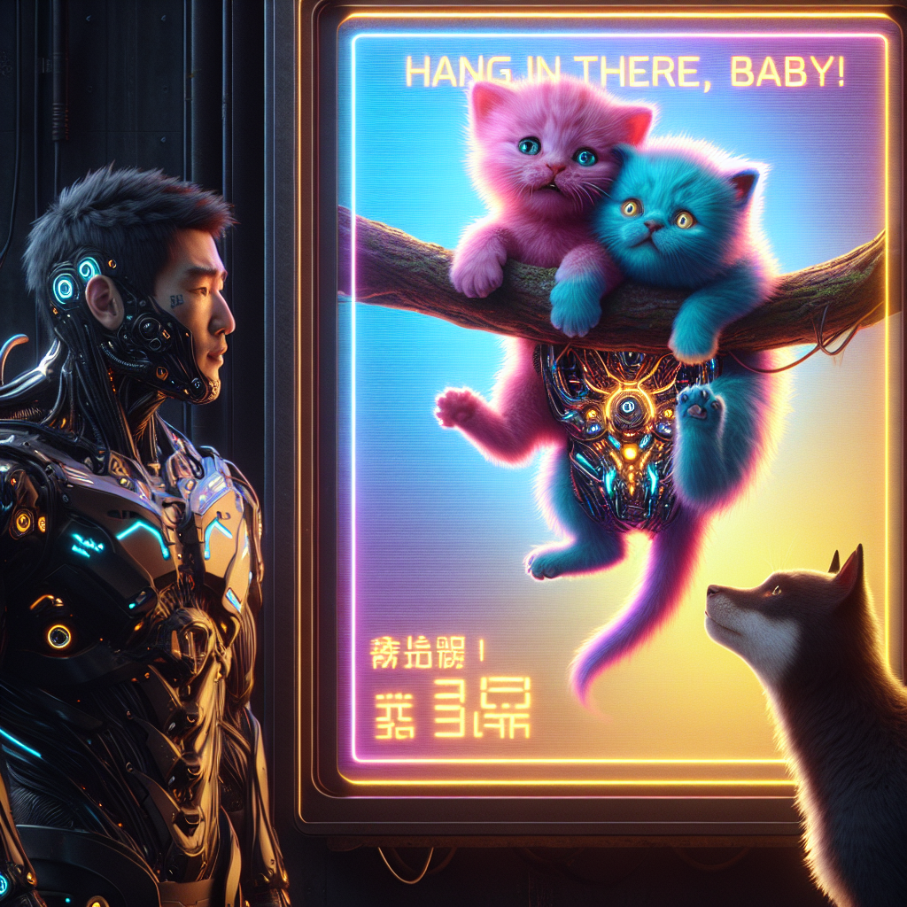 1. A small kitten clings to a branch on a glowing AI-powered poster, captioned "Hang in there, baby!" above a cybernetic three-headed dog and a silent, eyebrow-raised Corpo Guard.