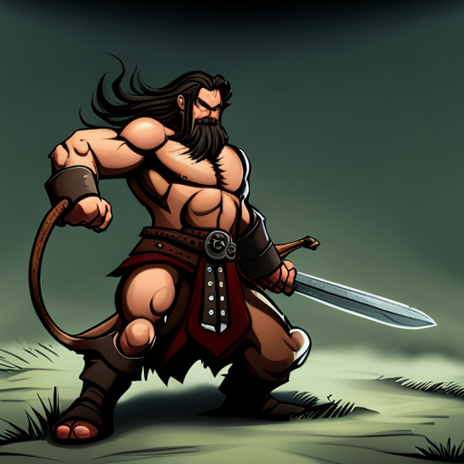 The hulking Barbarian charges forward, sword swinging wildly, ready to take on the orcs. He wears a fur loin cloth and tall boots, his long hair and beard flowing behind him. 
