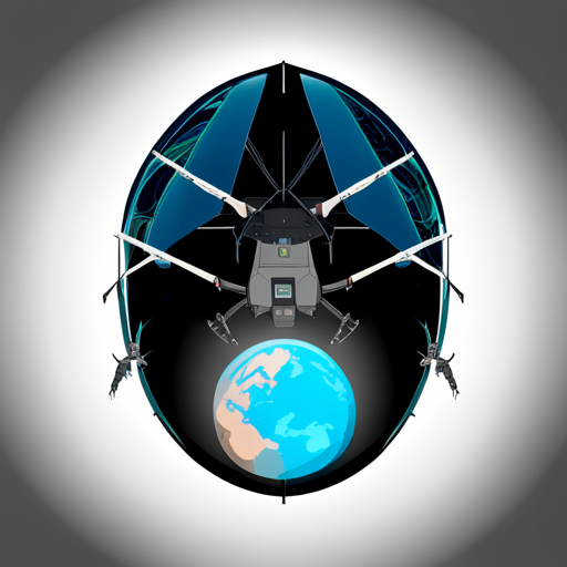 The photograph shows a high-tech spaceship command module with a holographic display showing a planet. A hovering spider-like drone hovers above two people, one with a black outfit and goat-like horns, the other in a black cloak with a white beard.