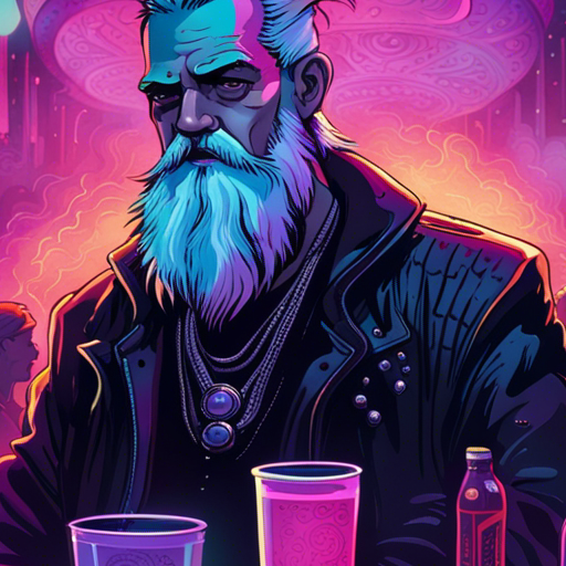 A crowded goth nightclub with pulsing music and swirling mist. Colorful drinks illuminate the bar. Rolf eyes Odin curiously.