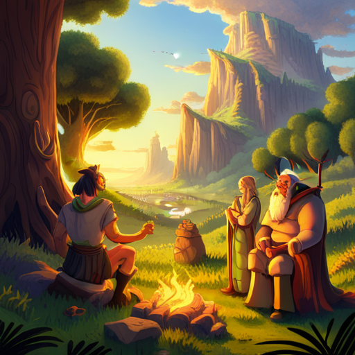 Zeb sees his companions gathered around a campfire in a sunlit clearing of the enchanted forest. Pony, Snarf, and Barbarian are present, along with a mushroom village nearby. 
