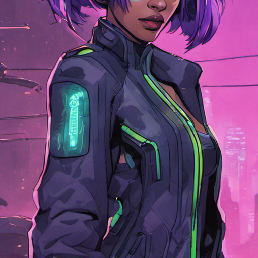 Quanta's drones capture Starla's cyberpunk appearance, revealing her shoulder-length purple hair, neoprene jacket with neon piping, and mischievous glint in her eyes. The Bridge looms in the background, its cables and support struts encrusted with shelters and squatters. (250 characters)