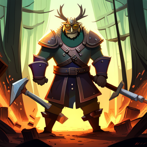 Through the thicket, Zeb sees a massive armored figure hammering metal while minions feed a roaring furnace with logs of wood. The figure has a horned helmet and a bushy beard. 
