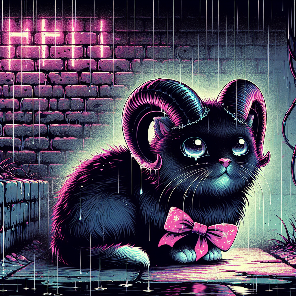 1. A black-furred kitty, eyes glinting and adorned with pink bows, meows hoarsely in a grimy, rain-slicked alley. Curved horns hint at its caprine origins. Flickering light casts shadows on wet bricks and the ominous "Hell" graffiti.