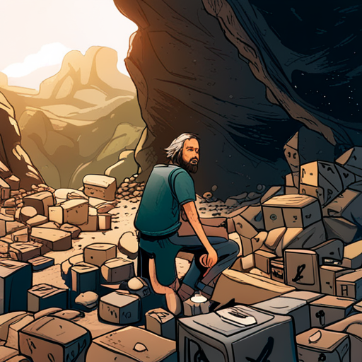 In the photo, Wrewdison is seen carefully examining the rocky terrain for any signs of footprints or disturbances. He is a tall, fit man with a beard and slightly messy hair. He lays out some supplies, including Shoyu ramen, as a peace offering. Nearby, a cave axolotyl and a crate can be seen. Wrewdison takes cover behind some rocks and keeps a watchful eye on the surroundings, waiting for the mysterious inhabitant to return. However, after several hours, he decides to leave the cave system and explore another area of the desert.