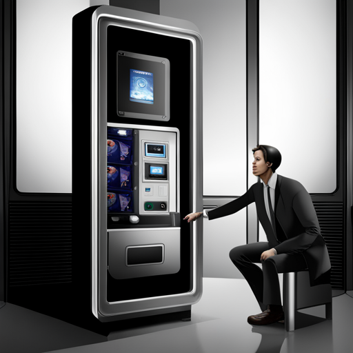 Enron sees a digital vending machine with a touch screen interface, waiting for a player's request. It can produce any object in the universe for a quarter. 
