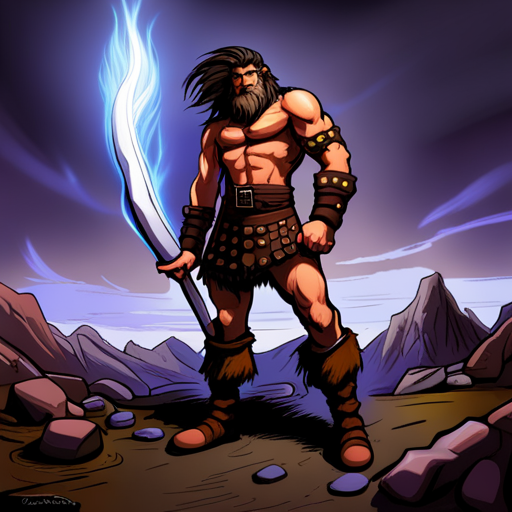 Zeb looks up at the towering barbarian, his wild hair and beard framing his fierce face. The fur loin cloth and tall boots complete the image of a savage warrior ready for battle. 
