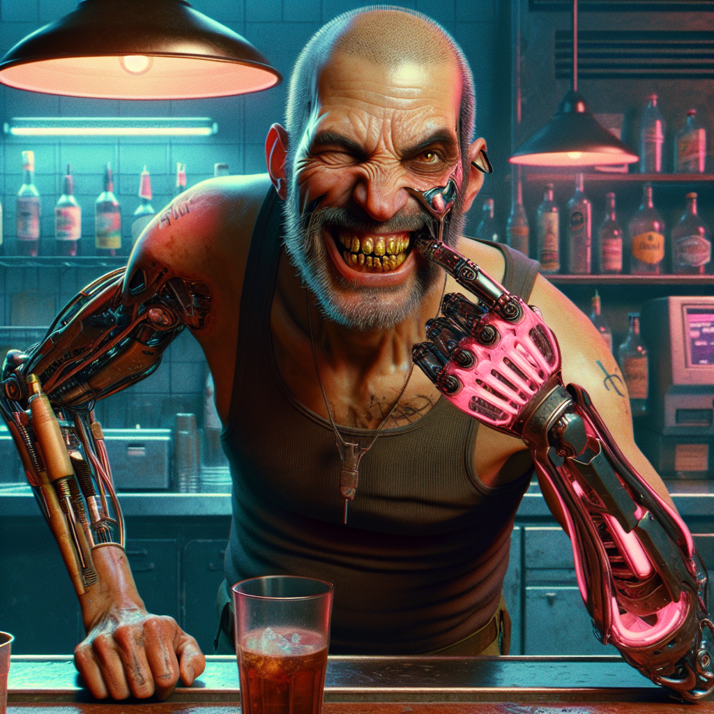 1. A shaven-headed bartender with squinty brown eyes and a wrinkled face flashes a grimace, revealing decayed teeth and steel prosthetics. His robotic arm, encased in grubby pink plastic, jerks as he wipes the bar in a dimly lit, nearly empty dive.