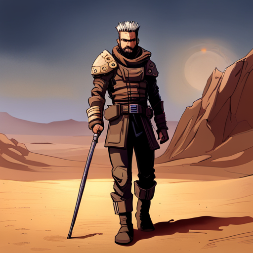 Zeb wraps his ranger cloak around himself, feeling protected from the harsh desert terrain. He stands tall with his spikey mohawk and bearded face, ready for whatever comes his way in the Desert Cave System.
