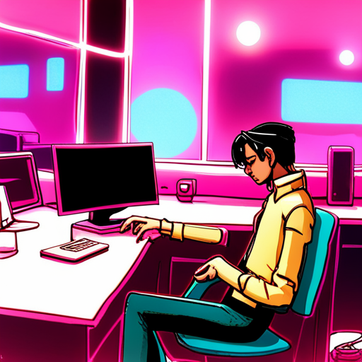 wrewdison observes Ben's office, taking in the warm pink and cyan glow that illuminates the space. Action figures, arcane books, and computer devices are scattered throughout the room. A floating touch screen hovers near the standing desk, while Spot, a highly intelligent black cat, naps on a nearby cushion.