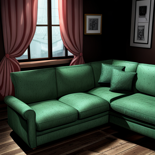 The worn green sofa in the backstage room is covered in scratches and scuff marks, with thin and lumpy cushions making it an uncomfortable seat. 
