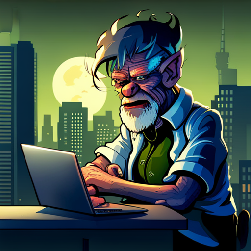 A gnarled old troll, Phooky, analyzes error codes on a logic analyzer, revealing mechanical issues in FRED-209. Corporate buildings loom in the background.
