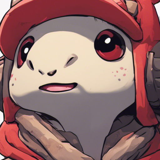 Truffle, a small mushroom person, grins up at Zeb with excitement. His round face, vibrant red cap with white spots, and pale brown stalk and limbs stand out against the endless white expanse of the Loading Screen. Truffle's large black eyes sparkle with curiosity and joy as his small arms cling tightly to Zeb's neck, radiating trust and friendship.