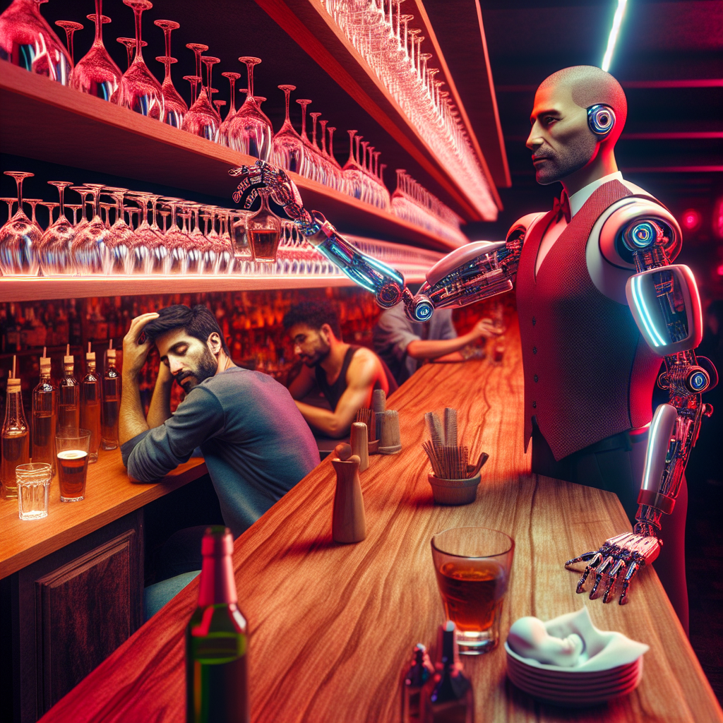 1. A bald bartender with a robotic arm polishes glasses under dim red lights. Shelves lined with spotless glassware reflect the glow. Patrons converse in hushed tones, while a drunk man slumbers, head on the bar. The wooden bar stretches across the room, and the air smells faintly of solvent.