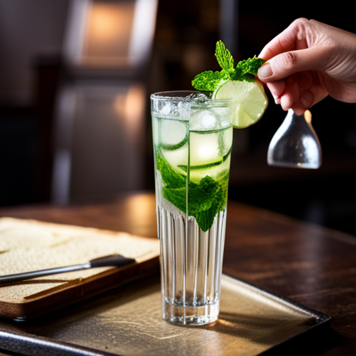 Basic Elf sees a bartender expertly muddle fresh mint leaves with sugar and lime juice in a tall glass. They then add ice and pour in white rum and soda water. Finally, they garnish the drink with a sprig of mint and a slice of lime. The resulting mojito looks refreshing and delicious.
