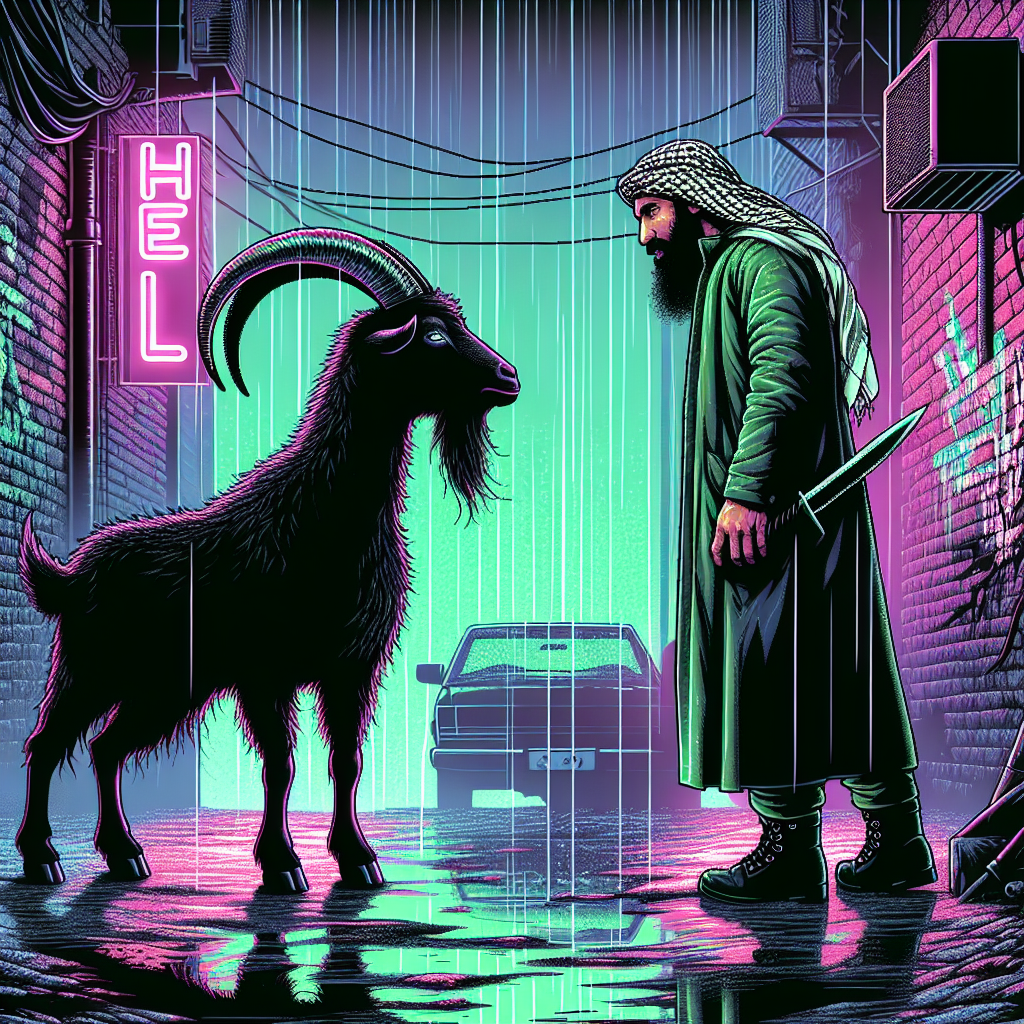 A black goat confronts a bearded man in green, under a flickering light in a grimy, rain-slicked alley, with "Hell" spray-painted on the wall.