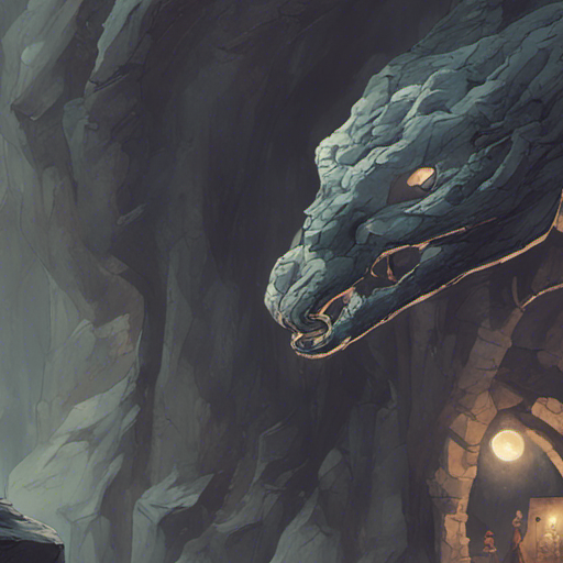 Thraeryn sees a dimly lit mountain cave with rough, gray stone walls. In the corner, a large, coiled creature - Jorm the Sorcerer, in his snake-like form - waits to strike. Objects like an orb, healing potion, holster, and magical targets are scattered around. The narrow, dark passage leads out of the cave.