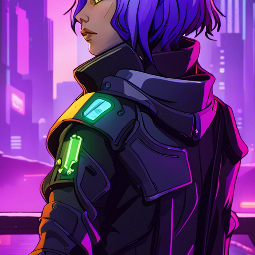 Thraeryn sees Starla, a cyberpunk woman with shoulder-length purple hair, wearing a neoprene jacket with neon colored piping. She looks at Thraeryn with a curious expression, waiting for a response. The scene takes place on The Bridge, a wide, dark chasm between the city and the mainland. Squatters have set up camp, with shops and carts on the upper deck and shelters clinging to the cables and support struts. A drone hovers nearby.