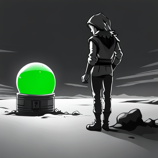 Basic Elf looks around the endless white expanse, searching for clues to remove the barrier around the glowing green orb. A hologram of Ben Brown and a vending machine are nearby.
