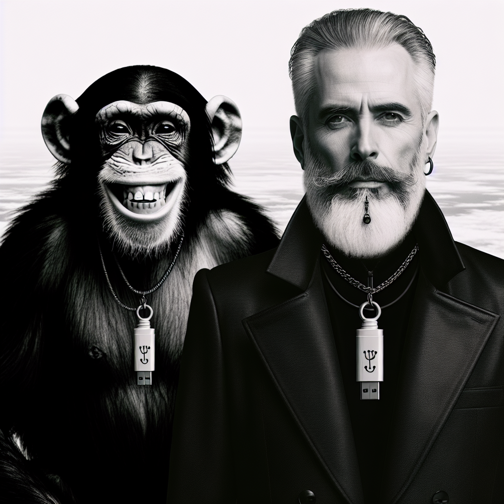 1. A smirking chimpanzee poses dramatically, surrounded by an endless white expanse, with a middle-aged goth in black attire, bearded, USB necklace, standing beside him.