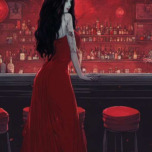 Anesthesia, a strangely pale woman with long black hair, stands in the dimly lit goth club. She wears a blood red velvet dress, her eyes sparkling with mystery and danger. Thraeryn, an incredibly red man, looks at her with curiosity and caution. The crowded dance floor and the bar in the background add to the dark and atmospheric ambiance of Devil's Night.