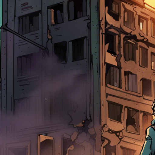 Wrewdison sees a partially destroyed laboratory building with a glimmer of light flickering from within. The kaiju gestures for Wrewdison to investigate. The background shows burning docks, ash in the air, and the rubble of a collapsed building.