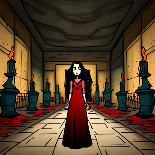 A strangely pale woman with long dark hair smirks at Zeb. She wears a blood red velvet dress and her voice takes on a hauntingly melodic tone as she speaks. The dimly lit catacomb walls are adorned with rows of skulls, while a flickering torch casts eerie shadows. Water drips from the ceiling, adding to the ominous atmosphere. Zeb, a bearded man with a spikey mohawk, stands before Anesthesia, his expression a mix of curiosity and unease.
