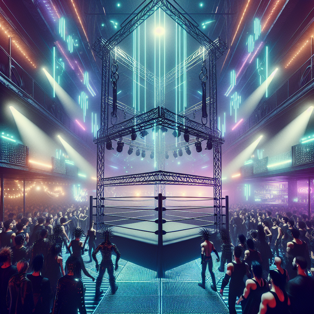 1. A wrestling ring stands near a pulsating dance floor, ropes glinting under strobe lights, unused but imposing, amidst thrashing goths and a bar's glow.