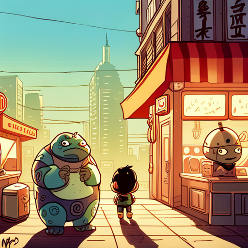 In the tiny ramen restaurant, Kappa nods his bowl-covered head as Zeb speaks in Japanese. Mr Whiskers glances at Merg, a tired turtle with glowing, sad eyes. The red and white sunrise mural on the wall contrasts with Merg's green skin. An iPod sits on the counter as the delicious smell of tonkatsu fills the air.