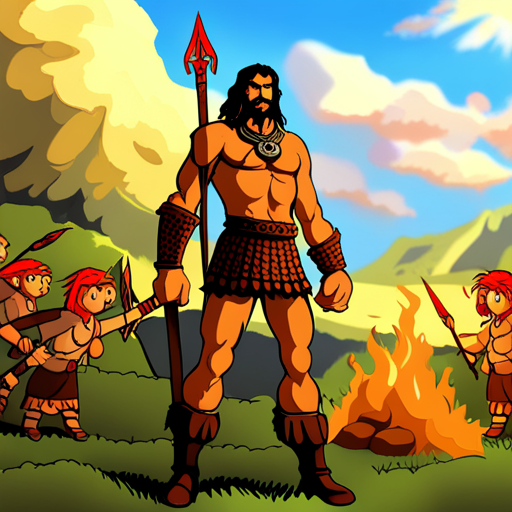 Barbarian stands tall in his fur loin cloth and boots, sword at his side. The sun shines down on the clearing where travellers gather around a campfire. Zeb scouts ahead, searching for the hidden temple. 
