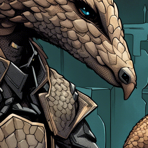 Thraeryn sees Pangolin, a human-sized mutant covered in armor-like scales. Pangolin's eyes reveal a deep sadness, reflecting the anger and frustration he feels from losing his fellow mutants to human hunters. Despite his sorrow, Pangolin appreciates Thraeryn's presence and is open to trading, offering strange berries he gathered in the wasteland. The Wasteland Crossroads serves as the backdrop, with dusty roads, cacti, and tough grasses, while jagged mountain ranges loom in the distance.