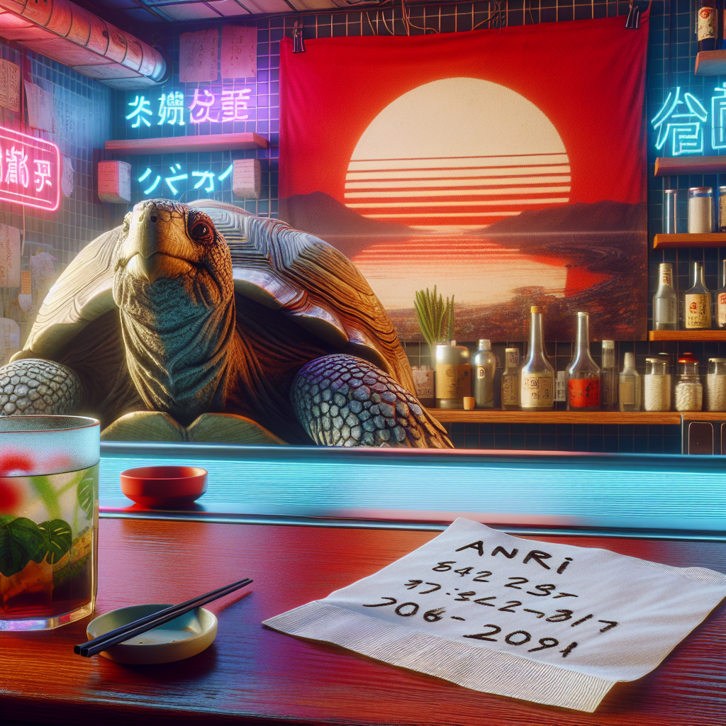 1. A napkin rests on a bar, inscribed with "Anri" and an address in jagged handwriting. A large turtle-like creature with a bowl on its head stands behind the bar. A red and white sunrise mural adorns the wall. The ambiance suggests a cozy, aromatic ramen shop.