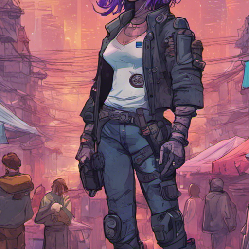 Zeb stands in front of a colorful stall, surrounded by a bustling crowd. Starla, a cyberpunk woman with purple hair, waves at him. The bridge looms in the background, its cables and struts adorned with makeshift shelters and shops. A drone hovers nearby, capturing the scene.