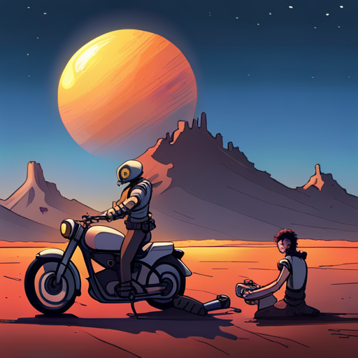 The Mechanic and Pangolin work on a motorcycle as the sun sets over the wasteland. Turnip snoozes on metal sheets and the robot vacuum sits idle. 
