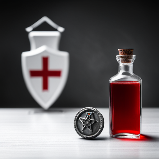 A small glass bottle with red liquid and glowing magical properties sits on a wooden table next to a claymore and strong shield. 
