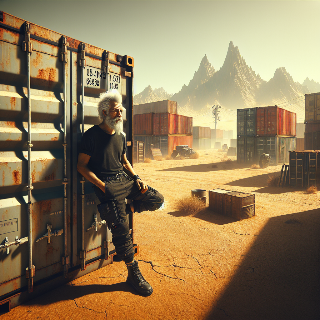 1. A graying-bearded man with a fuzzy mohawk, wearing a black t-shirt and pants, stands against a shipping container. The harsh sunlight washes over the rugged terrain of the Wasteland Crossroads, casting shadows on the L-shaped containers and the makeshift shelter they form. Jagged mountains loom in the distance, while sparse vegetation dots the hard-packed earth.