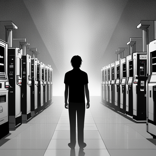 kc, a man with black hair and a red t-shirt, stands in an endless white expanse. He focuses on the flickering hologram of Ben Brown, while the vending machine emits foul smells and loud farting sounds. To the right, the hologram glitches and Lazarus, an old veteran, stands nearby.