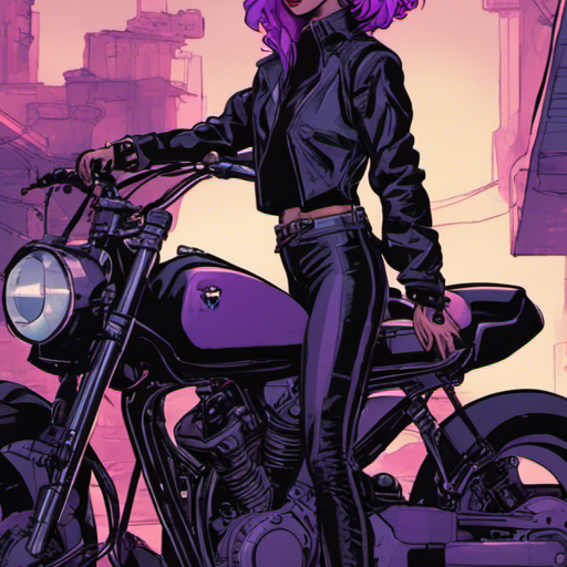 Starla, a cyberpunk woman with shoulder-length purple hair, raises an eyebrow at Agent Cooper, eyeing him suspiciously. She stands in front of her custom bike, a sleek black machine with neon colored piping. The Bridge stretches out behind her, its cables and support struts adorned with makeshift shelters. It is late afternoon, and the sky is overcast. Starla's neoprene jacket glistens in the dim light, as she waits for Agent Cooper's response.