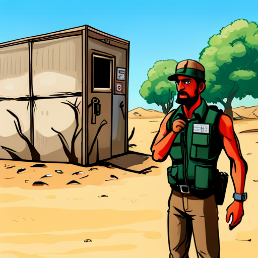 B1zz0 sees the Corpo Security Hut, a small metal building with a long window and a counter. Inside, it's sweltering hot, and there are no fans or cooling devices in sight. The Corpo Manager, wearing an armored vest and carrying a clipboard, looks nervous. B1zz0's hope for relief from the heat rests on finding a solution or getting the Corpo Manager to take action.
