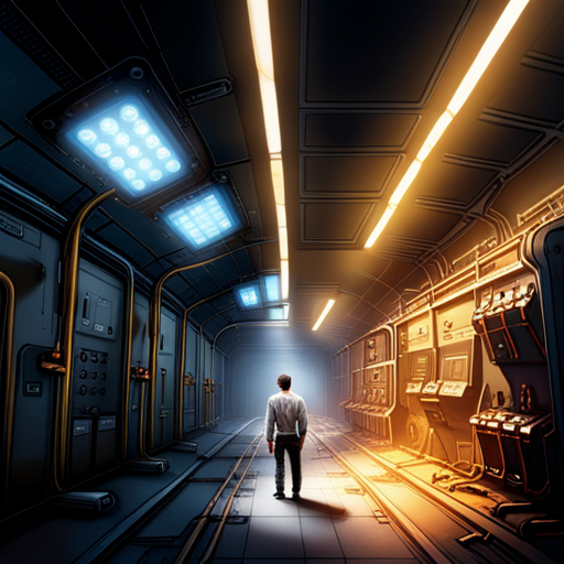 Wrewdison inspects the underground facility, noticing smooth metal walls and floors, control panels with buttons and levers, and dormant machines with blinking lights. The dimly lit room hums with technology. He approaches a large generator with meters and dials, inactive but emitting a faint hum. The desert wind howls and sand whips through the air, with a rocky formation providing the only shade.