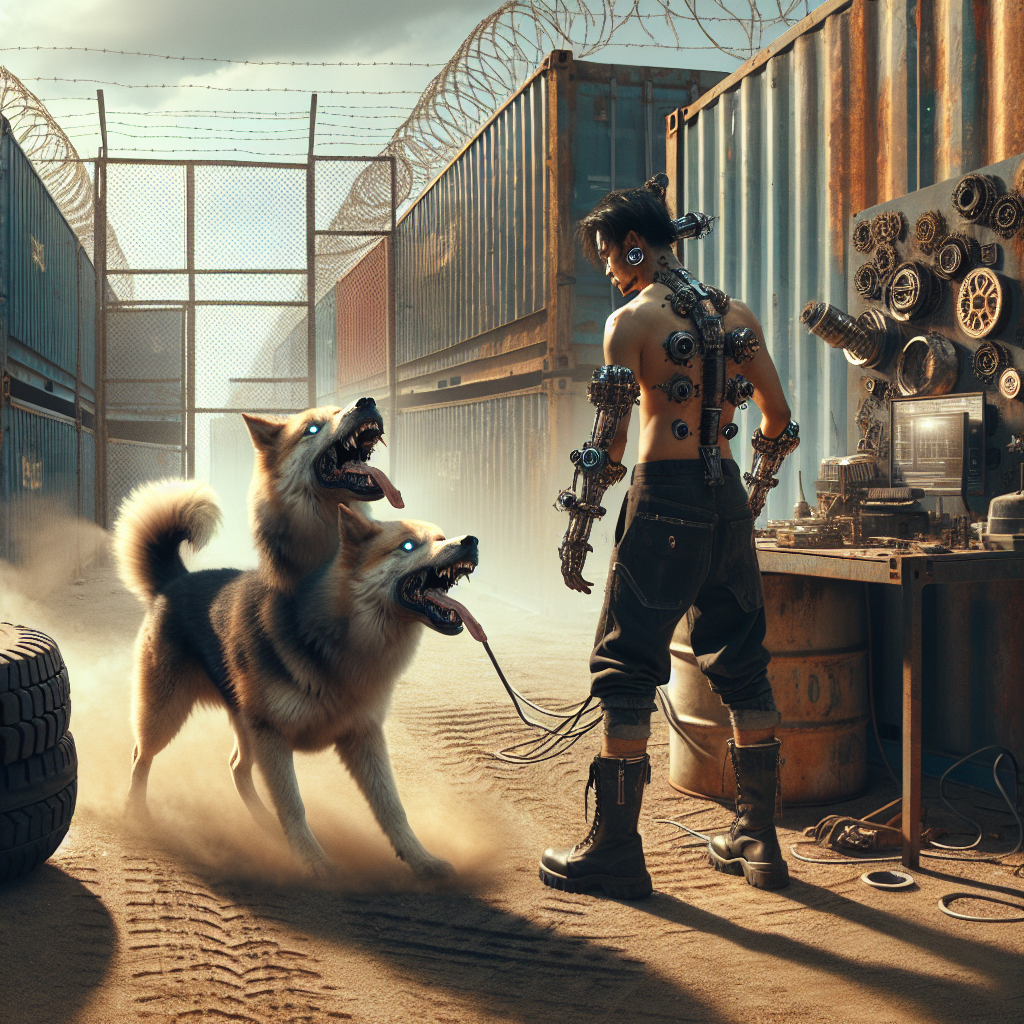 1. Three-headed dog with cybernetic implants, tails wagging, stirs dust in a yard enclosed by rotting shipping containers. Shirtless man with leather pants, tall boots, and facial piercings leans over a work table cluttered with cogs and wires. Sunlight glints off a metal canister near large water containers. Tire tracks lead to a gate in the razor wire fence.