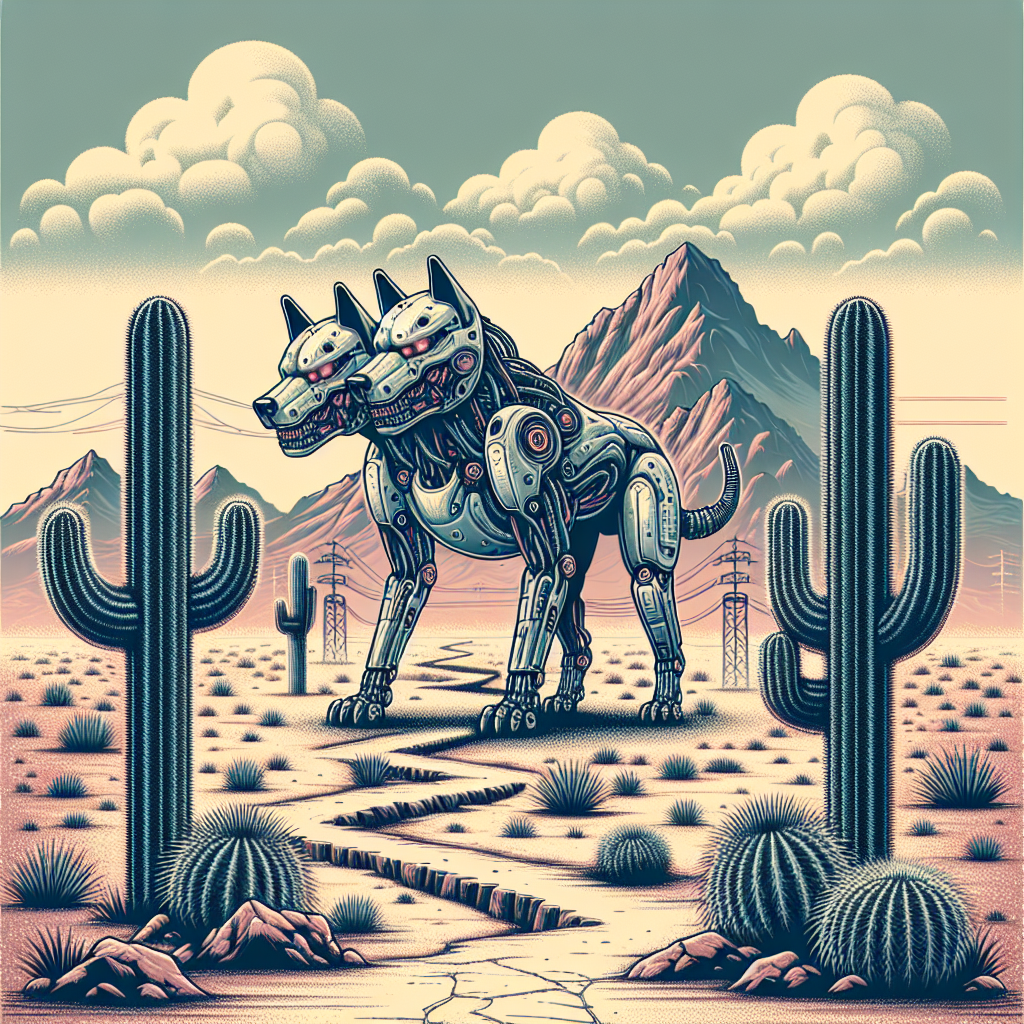 1. A three-headed cybernetic dog stands dominantly among small cacti, its claws etching marks into the parched earth. Jagged mountains loom in the distance, under a hazy sky. Dusty roads intersect nearby, framed by scattered tough grasses and rocks.