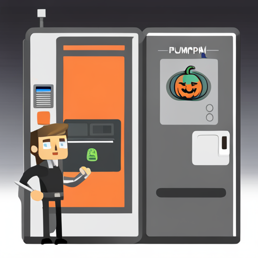 Pumpkinpie confidently holds a claymore from the vending machine, with a digital touch screen interface behind them. The Loading Screen's hologram of Ben Brown watches on. 
