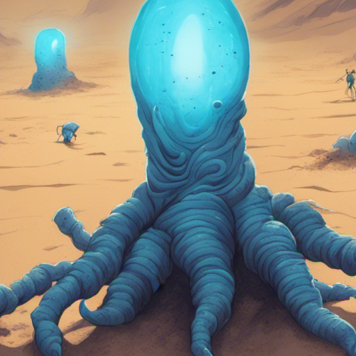 Potato stands in the Deep Desert, surrounded by swirling sand and dust. The wind howls as they gaze at the shock worm, a foot-long creature wriggling in the sand. Its slimy, segmented body glows with an eerie blue light, warning of its shocking power. Potato contemplates, imagining thick gloves and long tools to keep a safe distance. They wonder if there's a way to cook the shock worm, turning it into a safer and tastier meal.