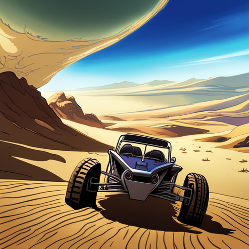 Zeb's eyes widen with excitement as he looks at the sleek, black dune buggy in the sun-filled clearing. Its knobby tires and roll cage hint at its off-road capabilities. But what catches Zeb's attention the most is the high caliber machine gun turret mounted on the back, ready for action.