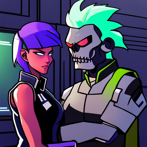 Zeb sees Starla's unimpressed expression as she glances at his orc skull helmet while sorting wetware. Starla has purple hair and wears a neoprene jacket, while Zeb has a mohawk and wears a sleeveless shirt. 
