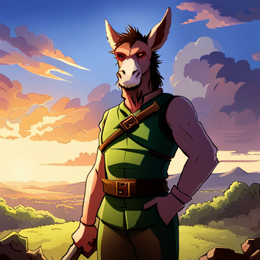 Donkules, a sarcastic talking donkeyman, raises an eyebrow at Zeb's question. He stands tall in the sun-filled clearing, his spikey paldrons gleaming over his bare chest. With his donkey head and biting wit, he exudes confidence and snarkiness.